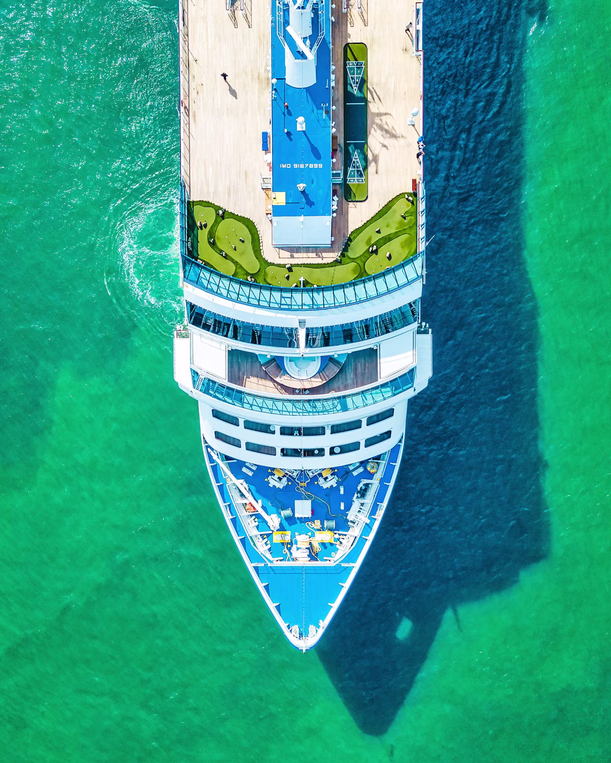 Aerial view of a cruise ship at sea